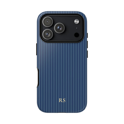 Personalized navy blue striped tough phone case with yellow initials