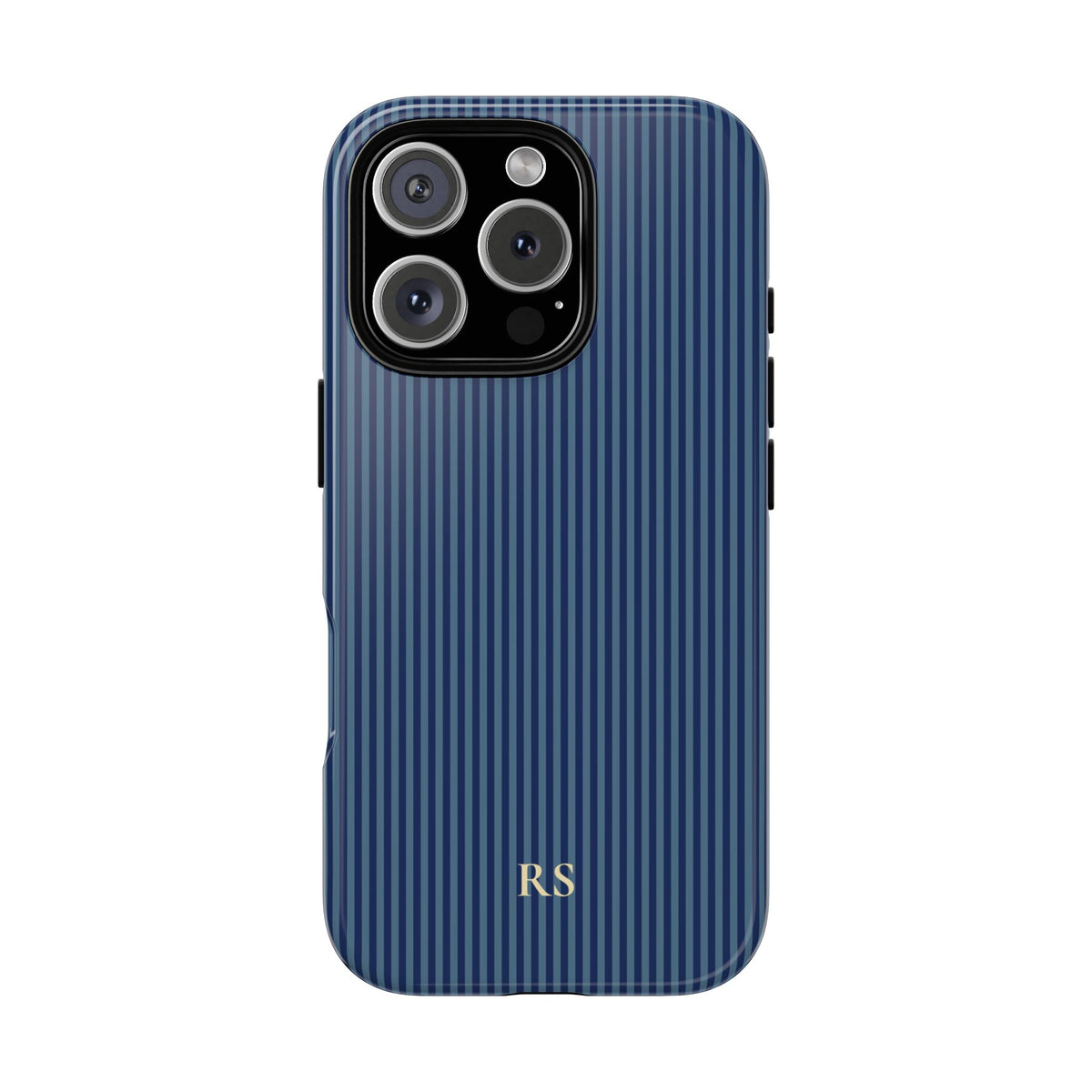 Navy blue pinstripe tough phone case seen from the back