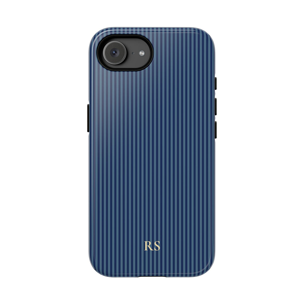 Personalized navy striped tough phone case on an iPhone