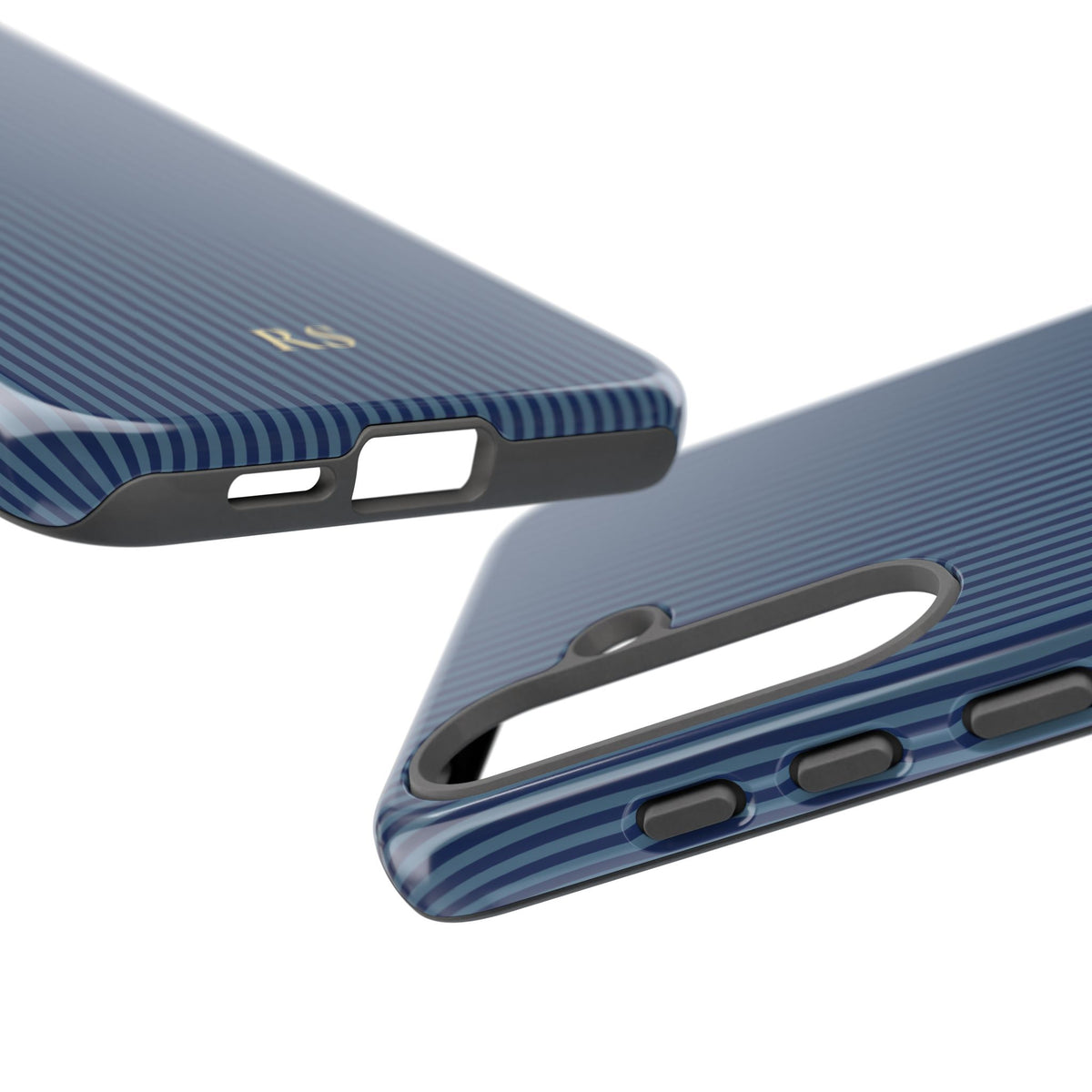 Navy blue striped tough phone case seen from the side