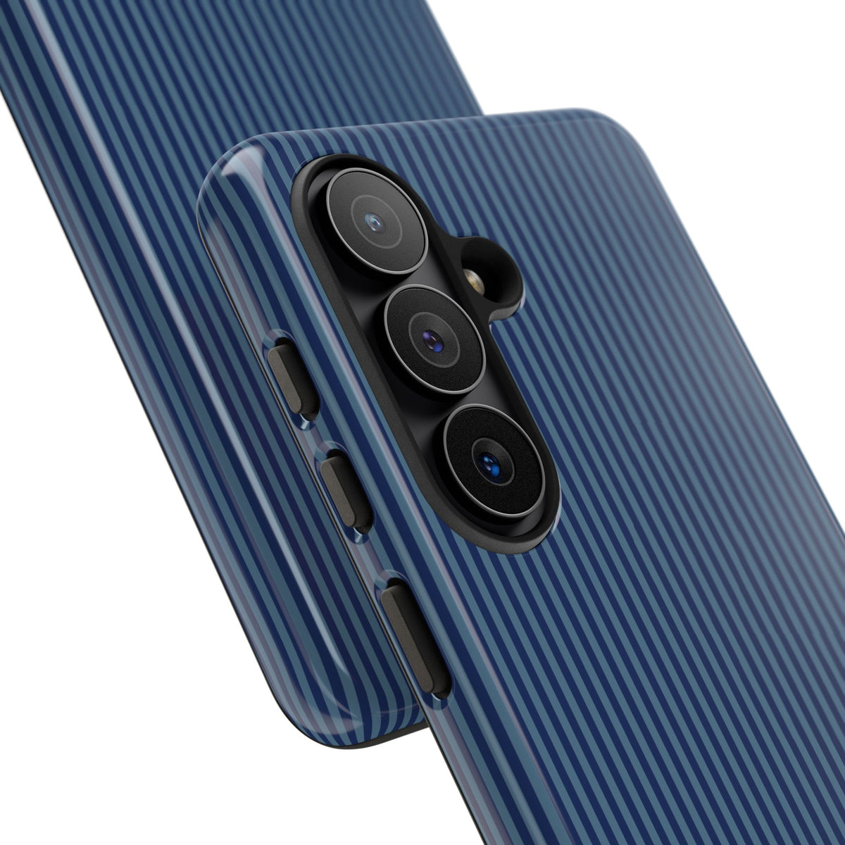Yellow monogram on the back of a navy pinstripe tough phone case