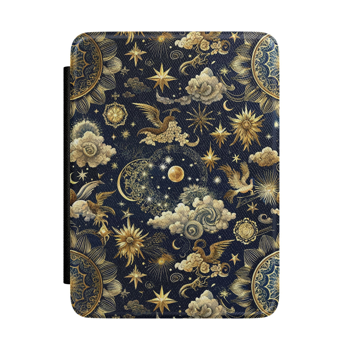 Navy celestial Kindle case with yellow suns, moons and stars