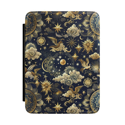 Navy celestial Kindle case with yellow suns, moons and stars