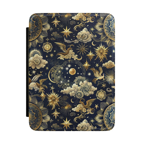 Navy celestial Kindle case with yellow suns, moons and stars