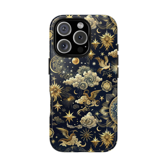 Navy celestial tough phone case with yellow suns, moons and stars