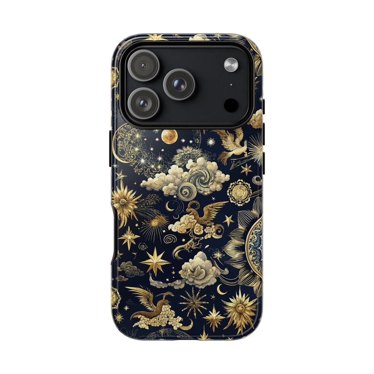 Starry night sky phone case in midnight blue and yellow