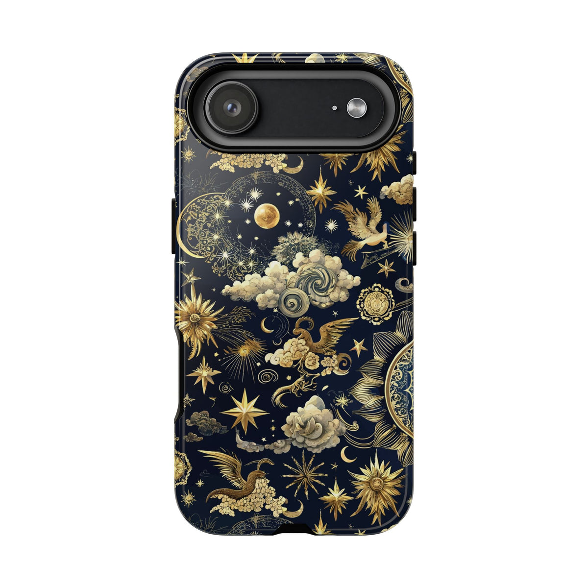 Yellow sun and moon print phone case held in hand