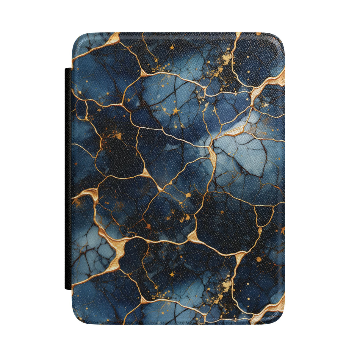 Navy marble print Kindle case with ochre-toned veining, front view