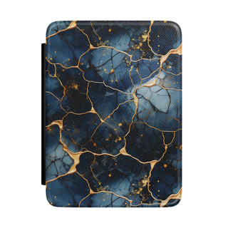 Navy marble print Kindle case with ochre-toned veining, front view