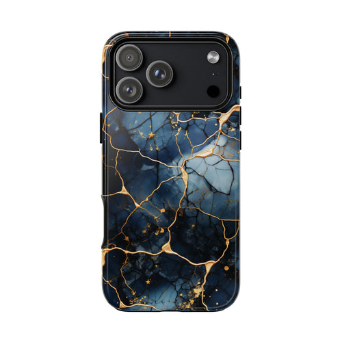 Navy marble print tough phone case shown from the back