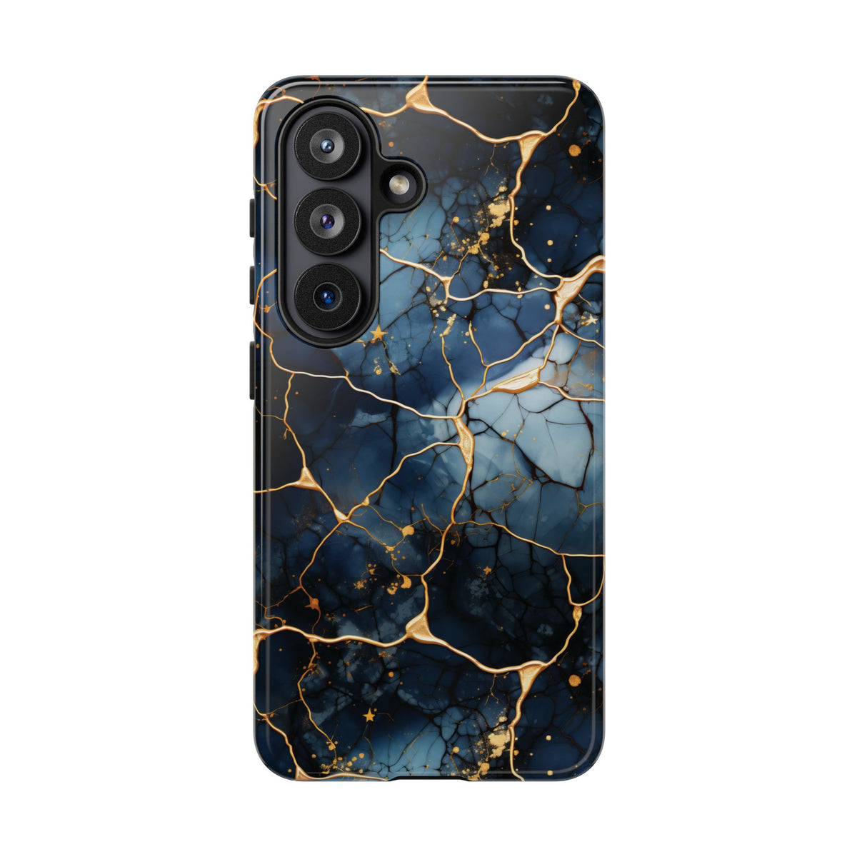 Navy marble print tough phone case held in hand