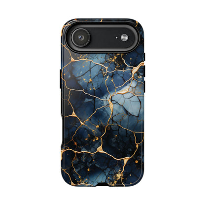 Side view of the navy marble print tough phone case
