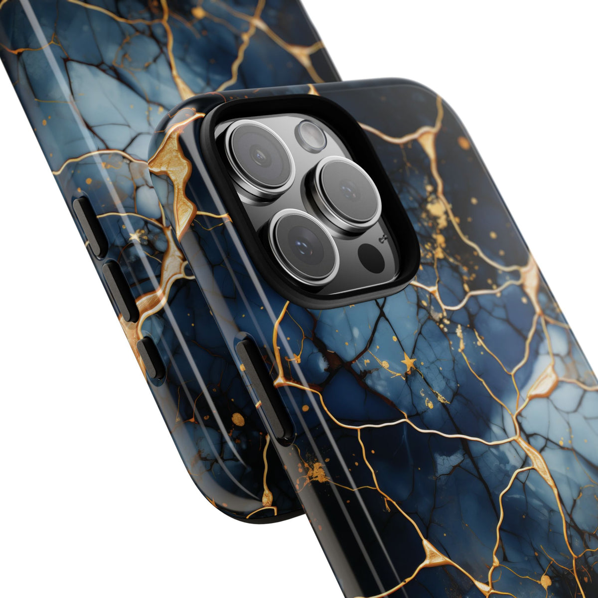 Navy marble print tough phone case in glossy finish