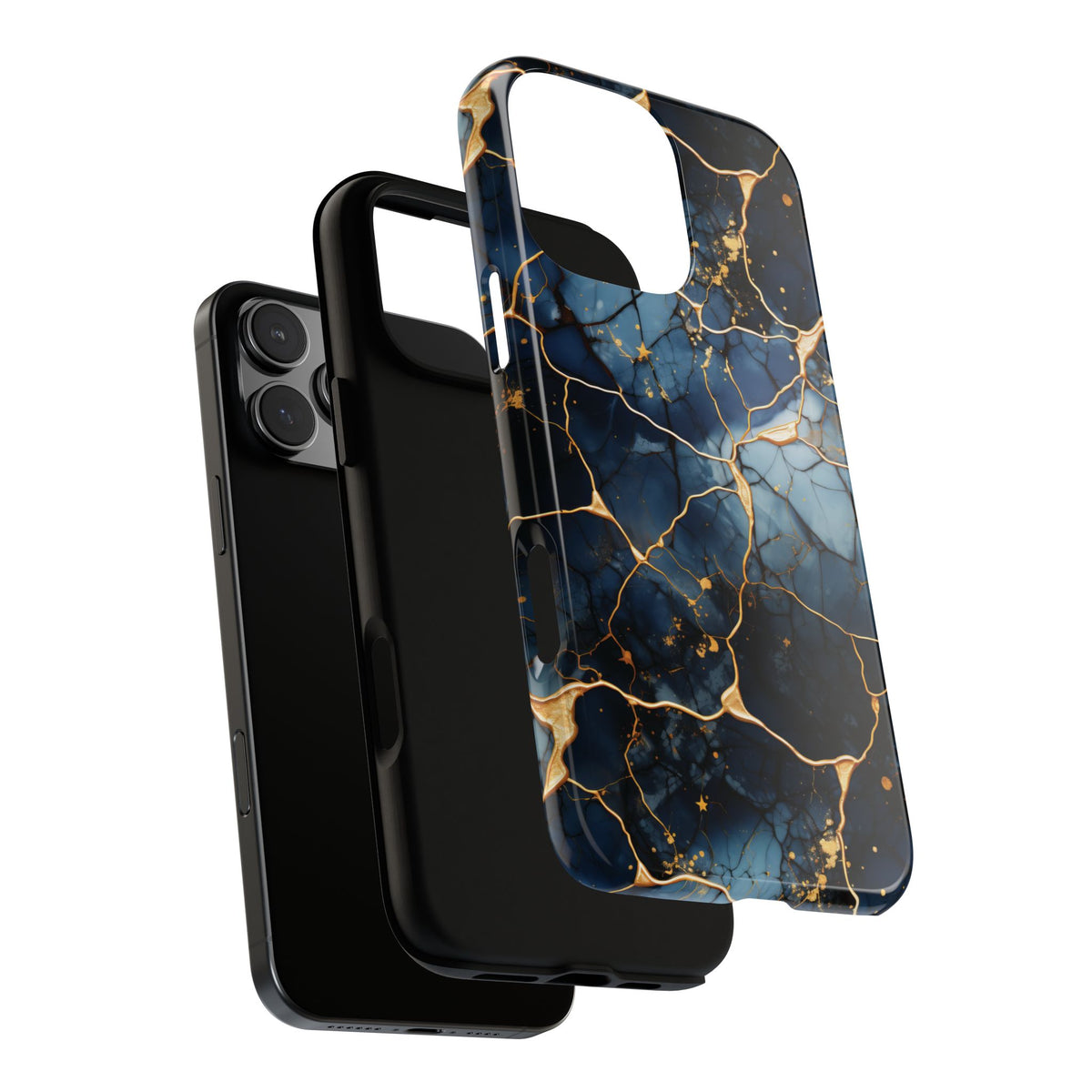Navy marble print tough phone case shown on an iPhone