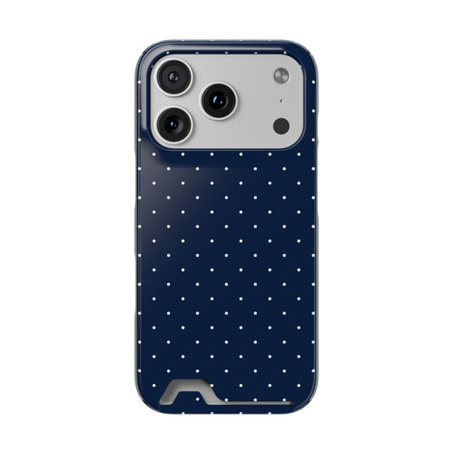 Navy polka dot phone case with a card slot