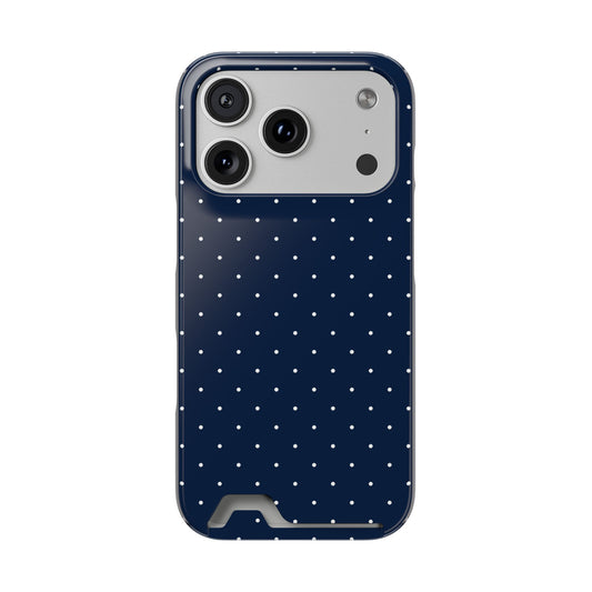 Navy polka dot phone case with a card slot