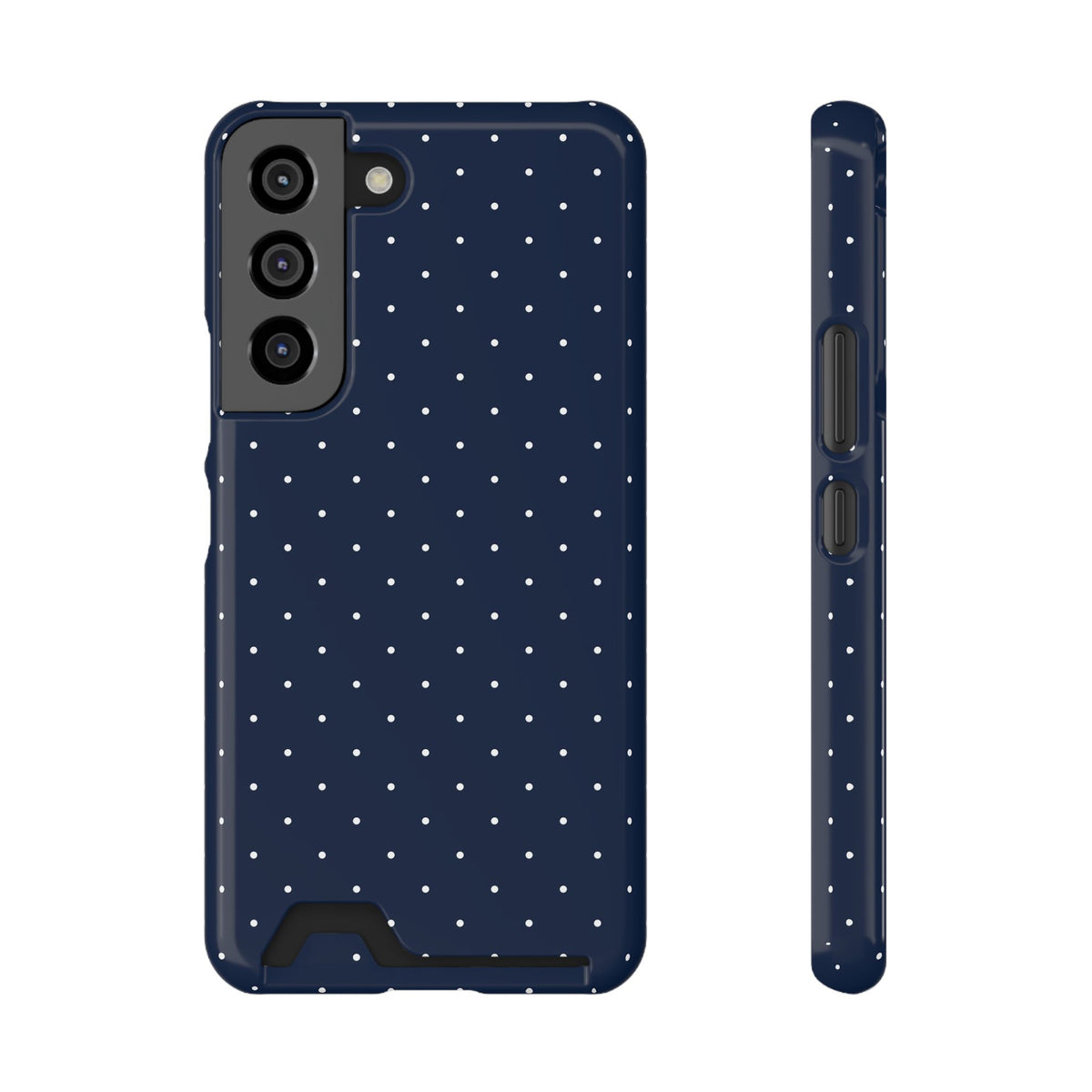 Navy blue pin dot phone case on an iPhone