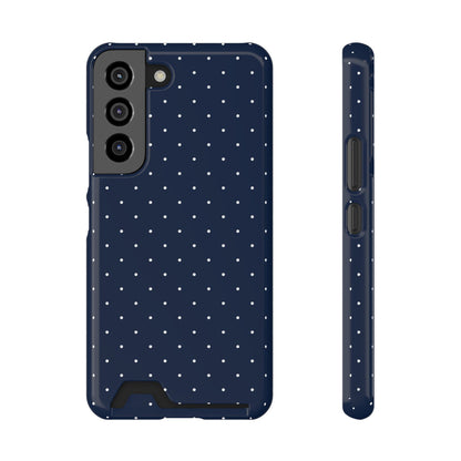 Navy blue pin dot phone case on an iPhone