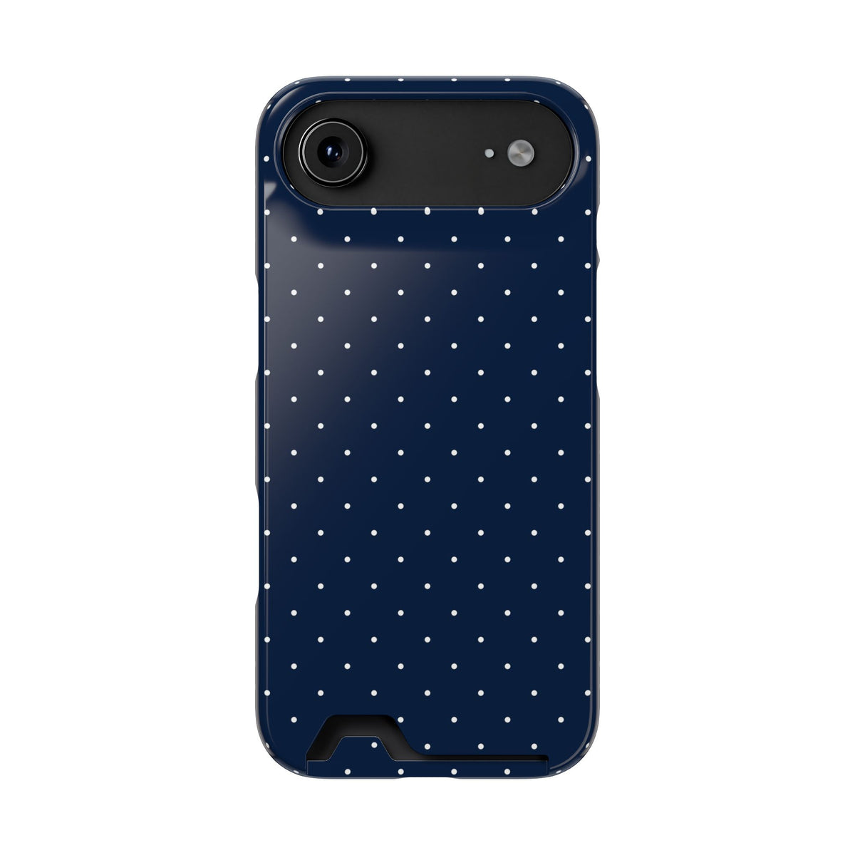 Navy dotted phone case seen from the side