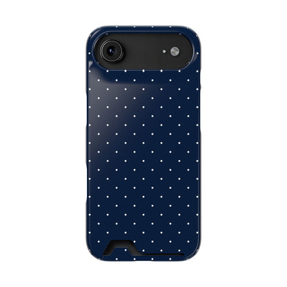 Navy dotted phone case seen from the side
