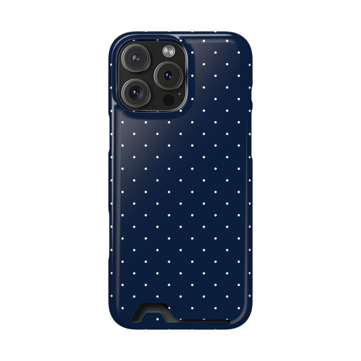 Navy polka dot phone case with a card in the slot