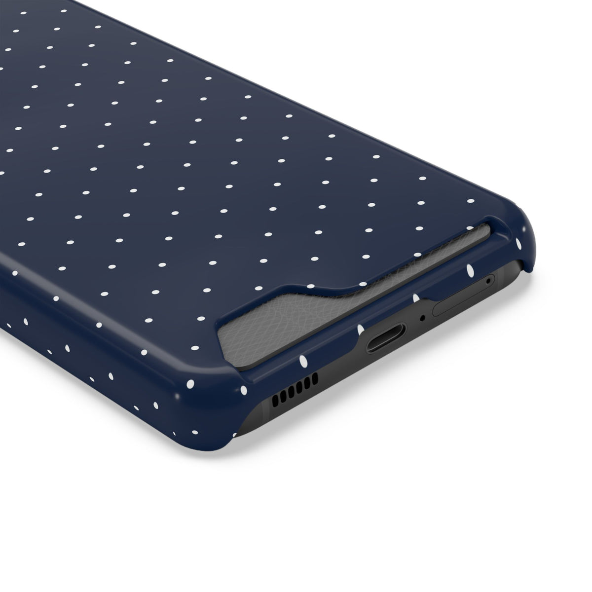 Navy blue phone case with an even grid of white dots