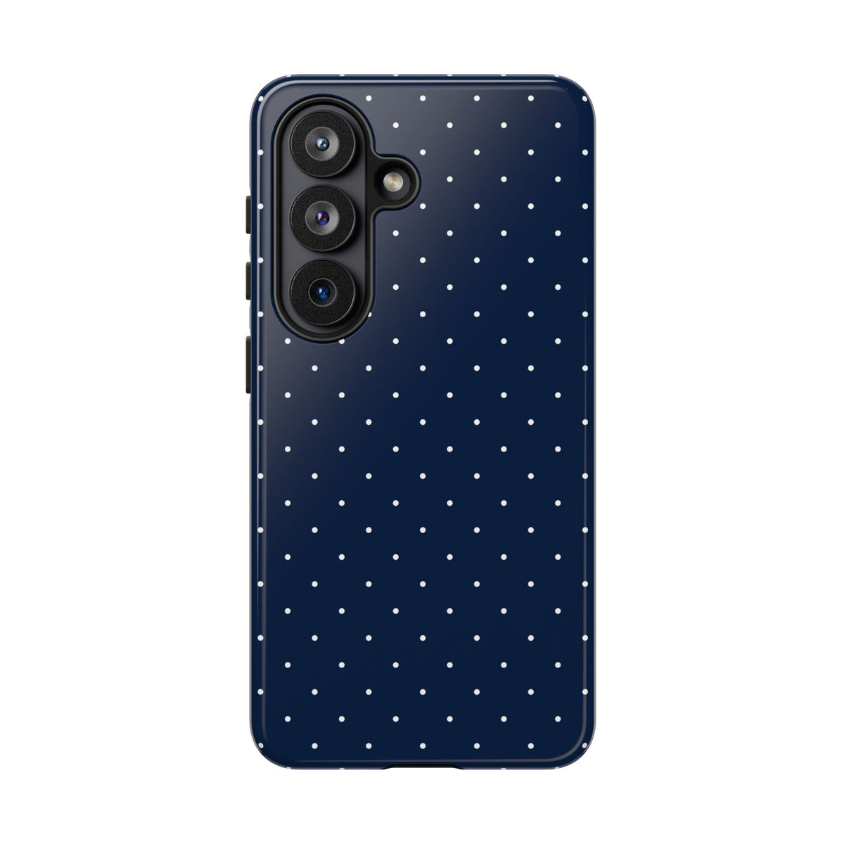 Navy blue pin dot tough phone case on an iPhone