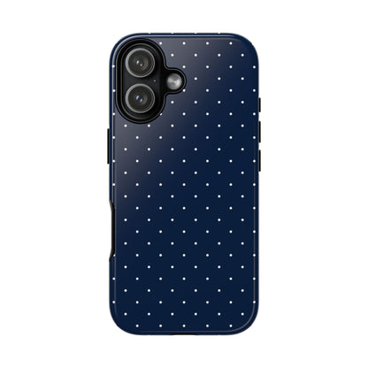 Navy dotted tough phone case seen from the side