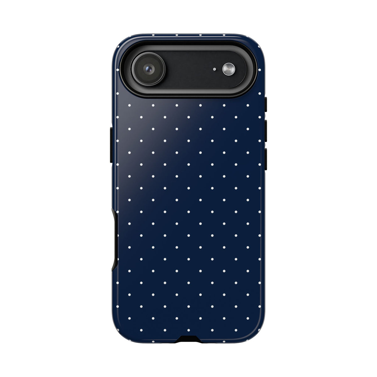 Navy polka dot tough phone case with raised camera edge