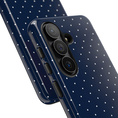 White pin dots on navy, print for a tough phone case