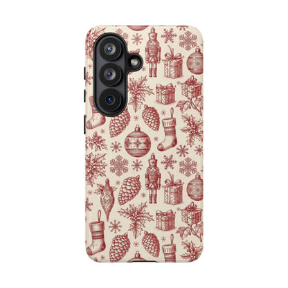 Vintage Christmas toile phone case with nutcrackers and stockings