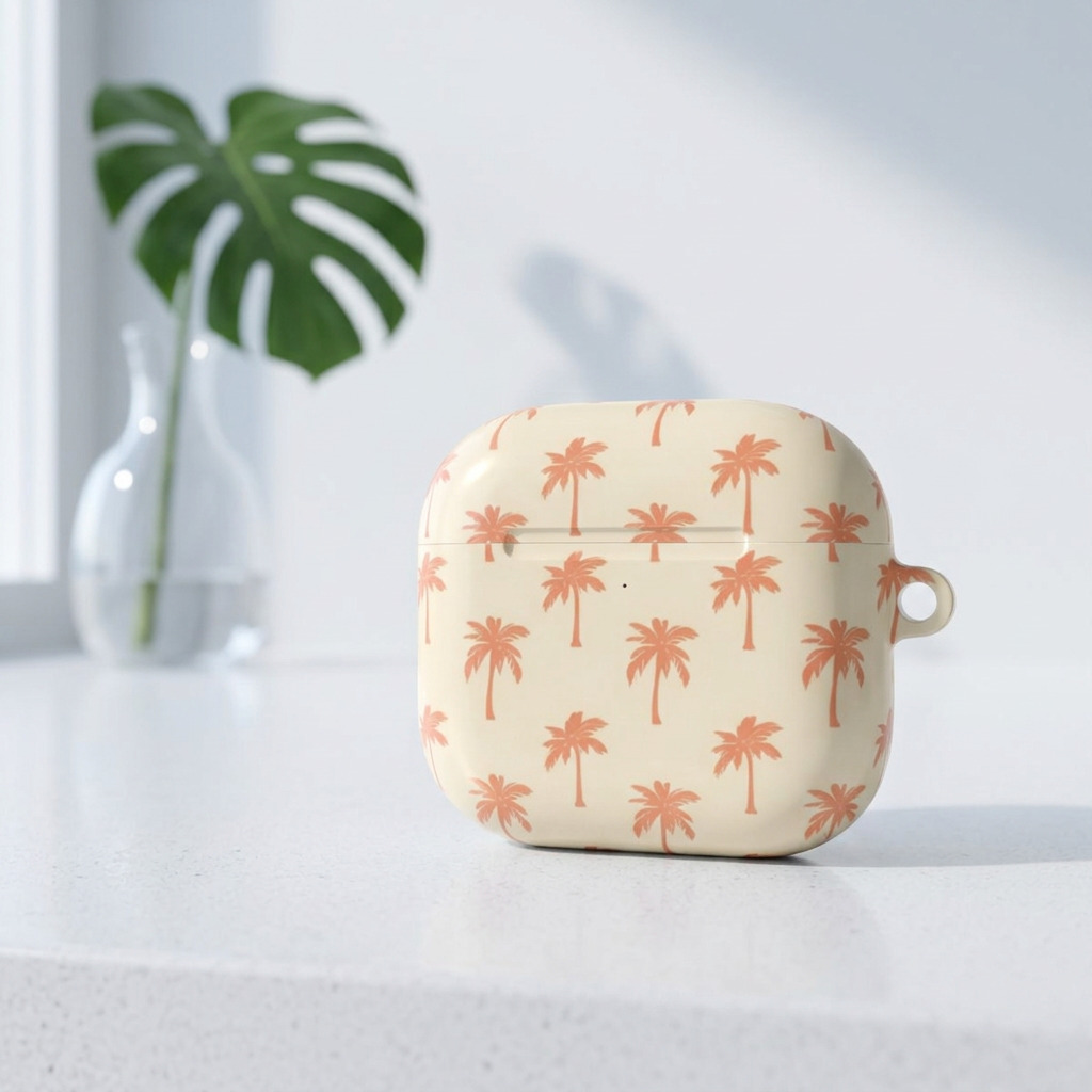Close-up of the coral palm print on the AirPod case