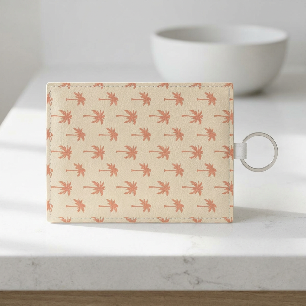 Close-up of the coral palm print on the card holder wallet