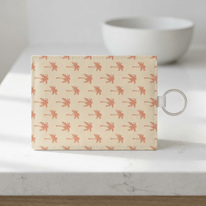 Close-up of the coral palm print on the card holder wallet