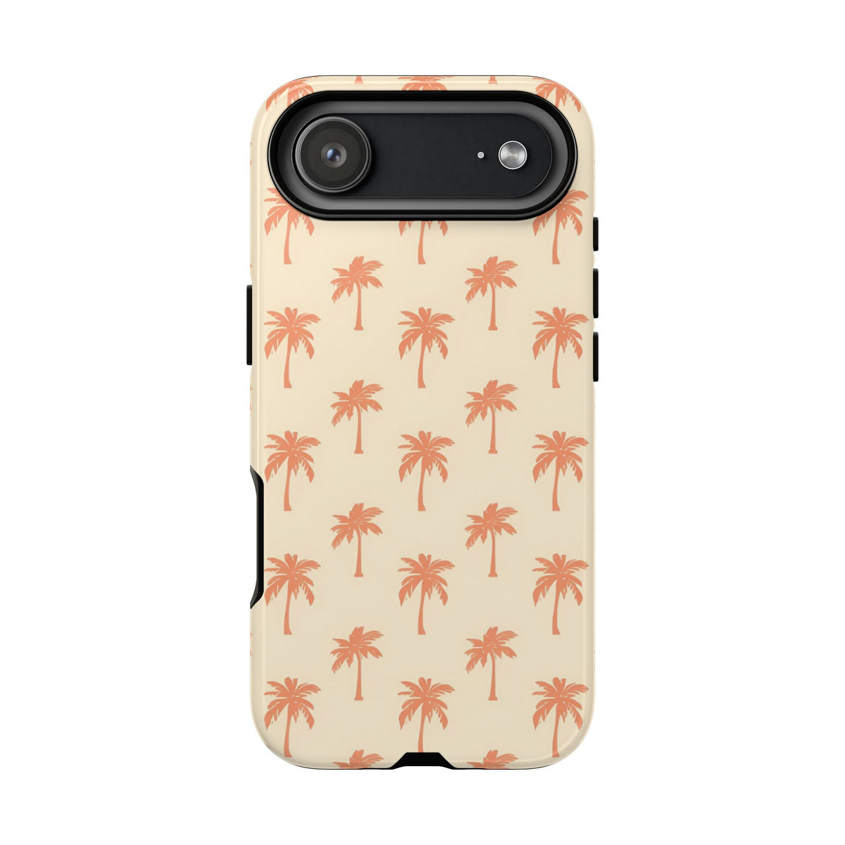 Palm tree tough phone case in cream and coral, flat lay