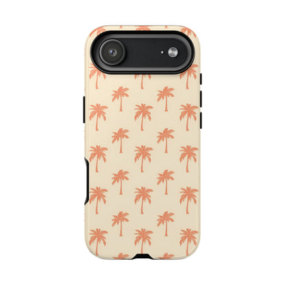 Palm tree tough phone case in cream and coral, flat lay
