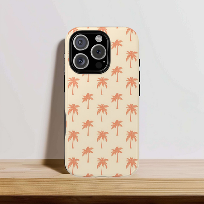 Close-up of the coral palm tree print on the tough case