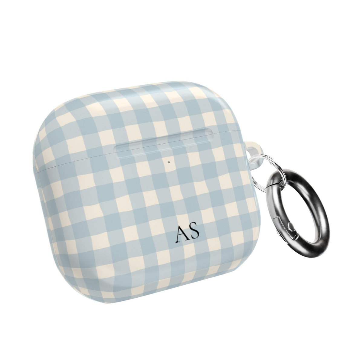 Personalized blue gingham AirPod case with initials, front view