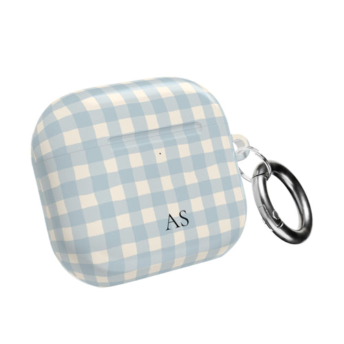 Personalized blue gingham AirPod case with initials, front view