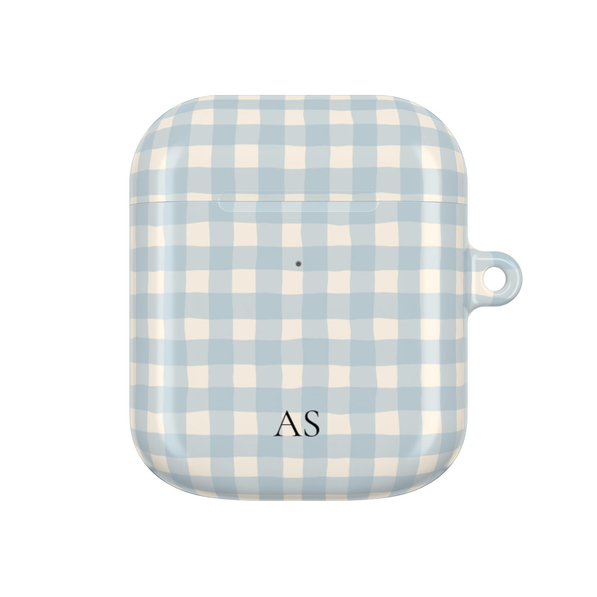 Personalized blue gingham AirPod case, back view