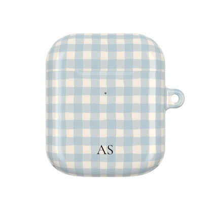 Personalized blue gingham AirPod case, back view