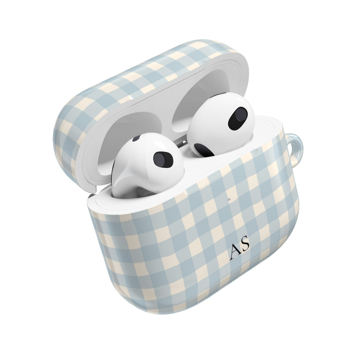 Personalized blue gingham AirPod case, side view