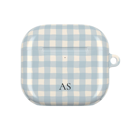 Personalized blue gingham AirPod case with carabiner, alternate view
