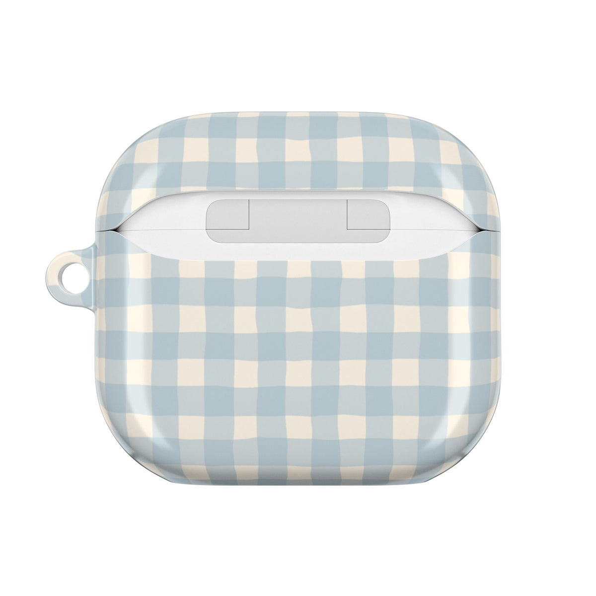 Personalized blue gingham AirPod case, detail view
