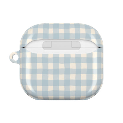 Personalized blue gingham AirPod case, detail view