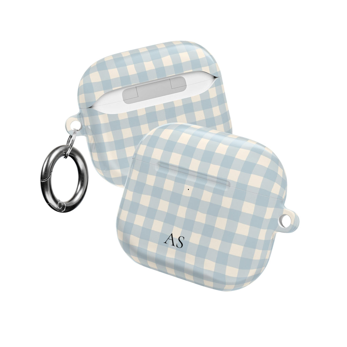 Personalized blue gingham AirPod case, lifestyle view