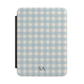 Personalized blue gingham Kindle case with initials on the front cover