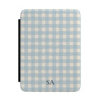 Personalized blue gingham Kindle case with initials on the front cover