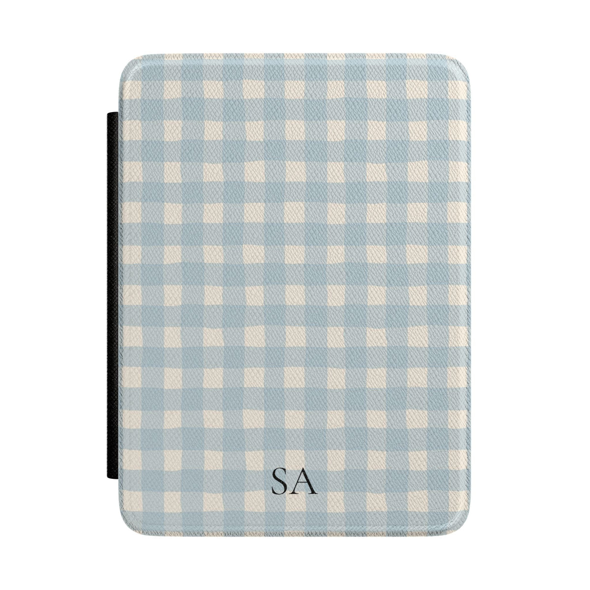 Personalized blue gingham Kindle case with initials on the front cover
