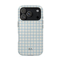 Personalized blue gingham MagSafe phone case with initials, back view